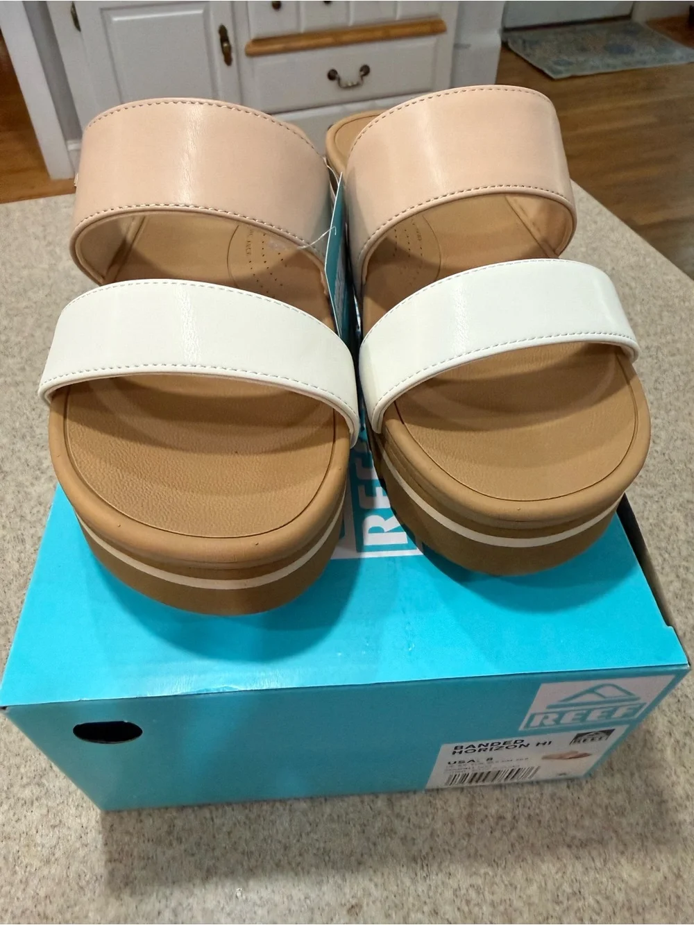 Reef Seaside Platform Slide Sandals in White and Tan